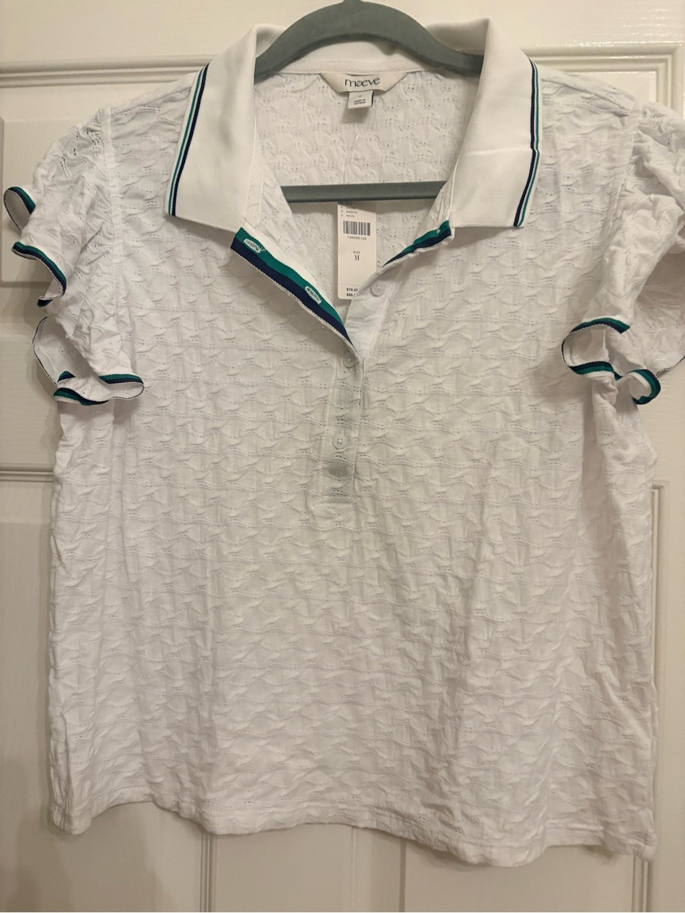Maeve White Button-Down Polo Top with Teal & Navy Trim